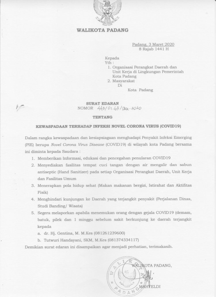 Surat Edaran Walikota Padang Tentang Kewaspadaan Infeksi Corona Virus Dinas Kesehatan Kota Padang